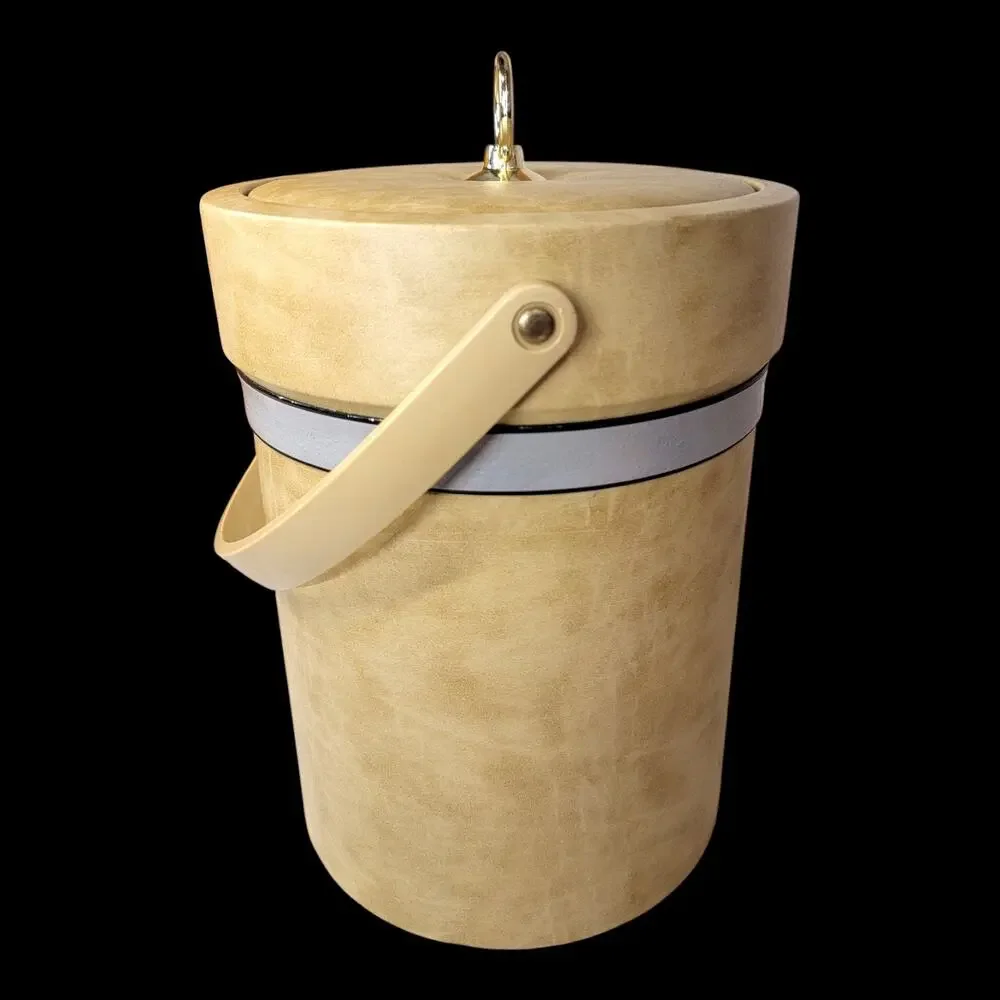 Vintage Tan Ice Bucket w/ Lid Swing Handle Fixed Liner Faux Leather Barware